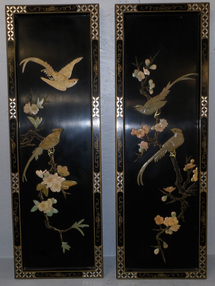 Pair Oriental Black Lacquered Carved Stone High Relief Wall Panels (1 of 5)