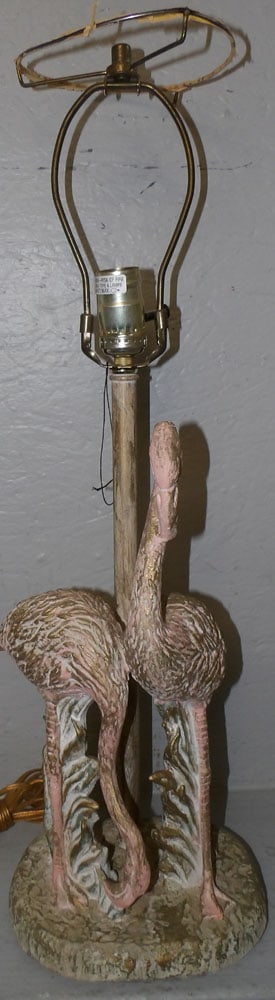 Painted Resin Flamingo Lamp: Painted Resin Flamingo Lamp. 26" H 9" Dia. ALL DESCRIPTIONS AND ANY CONDITION STATEMENT GIVEN BY LANGSTON AUCTION GALLERY ARE STRICTLY OPINIONS AND LANGSTON'S SHALL HAVE NO RESPONSIBILITY FOR ERRORS O