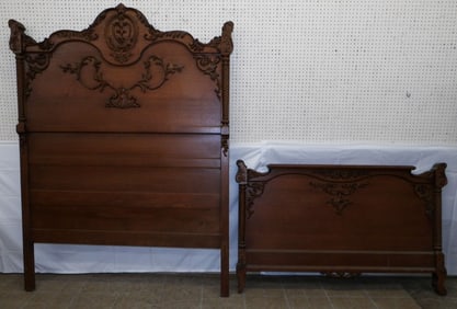 Antique Carved Tiger Oak High Back Full Size Bed With Rails