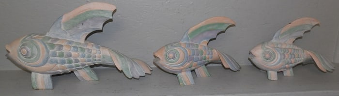 Three Painted Carved Wood Fish