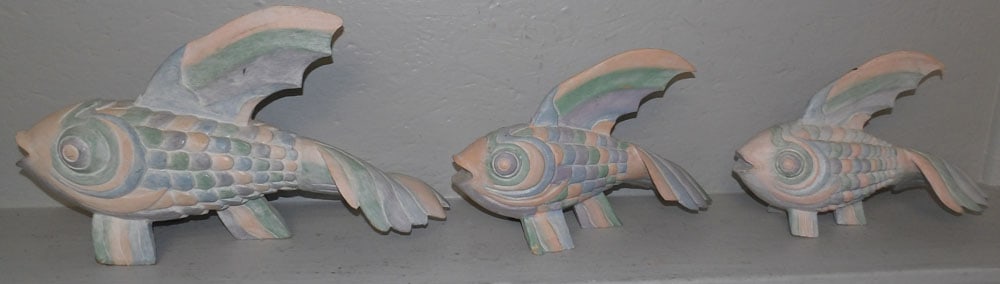 Three Painted Carved Wood Fish: Three Painted Carved Wood Fish. Up to 11" H 19" L 5" D ALL DESCRIPTIONS AND ANY CONDITION STATEMENT GIVEN BY LANGSTON AUCTION GALLERY ARE STRICTLY OPINIONS AND LANGSTON'S SHALL HAVE NO RESPONSIBILITY 