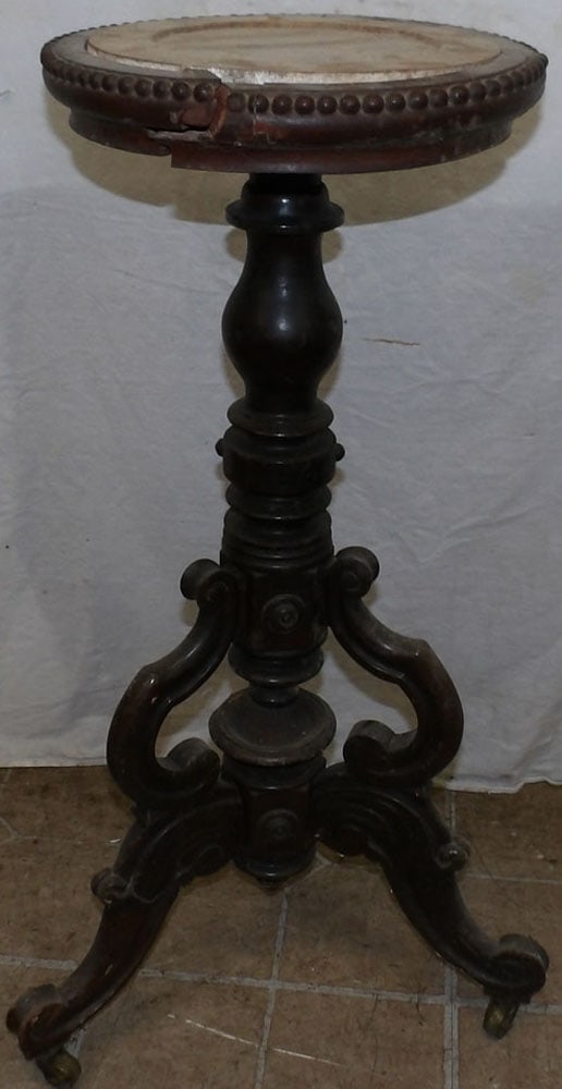 Oriental Teak Wood Marble Top Stand: Oriental Teak Wood Marble Top Stand. 30" H 17" Dia. ALL DESCRIPTIONS AND ANY CONDITION STATEMENT GIVEN BY LANGSTON AUCTION GALLERY ARE STRICTLY OPINIONS AND LANGSTON'S SHALL HAVE NO RESPONSIBILITY FOR