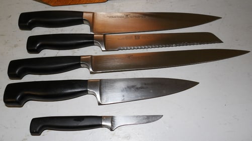 Lot Six JA Henkels Knives on Oak Stand
