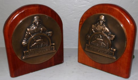Pair Cherry & Round Bronze Plaque Bookends Marked Pilot Mountain NC