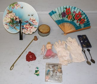 Lot Fans, Ladies Gloves, Buddha Figure, & Spoons