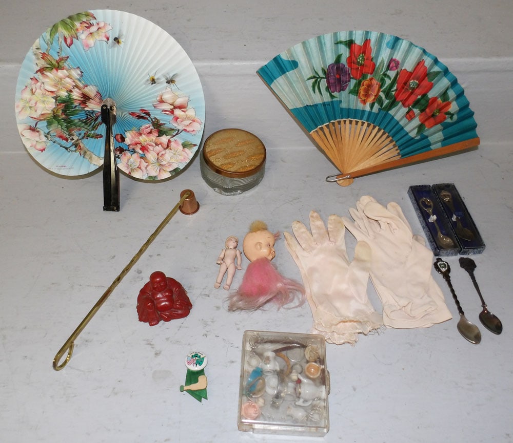 Lot Fans, Ladies Gloves, Buddha Figure, & Spoons: Lot Fans, Ladies Gloves, Buddha Figure, & Spoons. Up to 8 1/4" L ALL DESCRIPTIONS AND ANY CONDITION STATEMENT GIVEN BY LANGSTON AUCTION GALLERY ARE STRICTLY OPINIONS AND LANGSTON'S SHALL HAVE NO RESPO