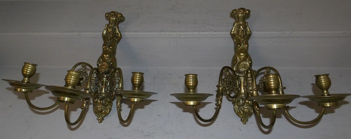 Pair of Antique Cast Brass Figural Three Light Sconces