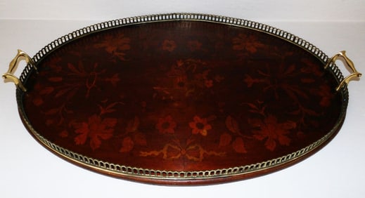 Antique Mahogany Marquetry Inlaid Oval Tray with Brass Gallery