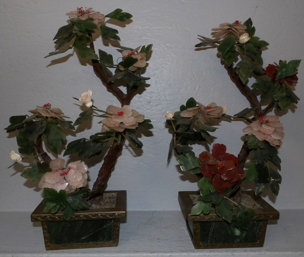 Pair of Oriental Jade Trees on Brass & Marble Bases (1 of 7)