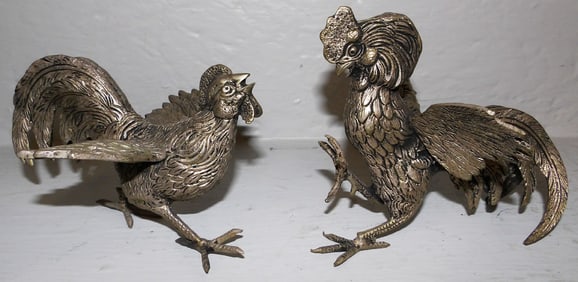 Pair of Silverplated Figural Fighting Cocks