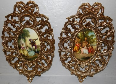 Pair of Painted Oval Porcelain Plaques in Ornate Brass Frames