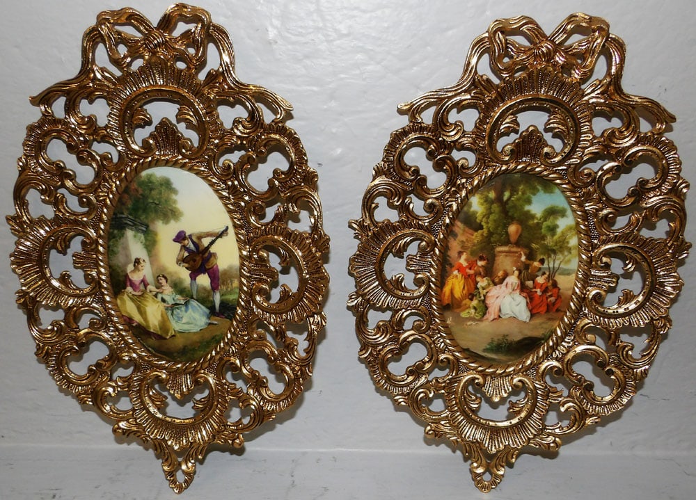 Pair of Painted Oval Porcelain Plaques in Ornate Brass Frames (1 of 4)