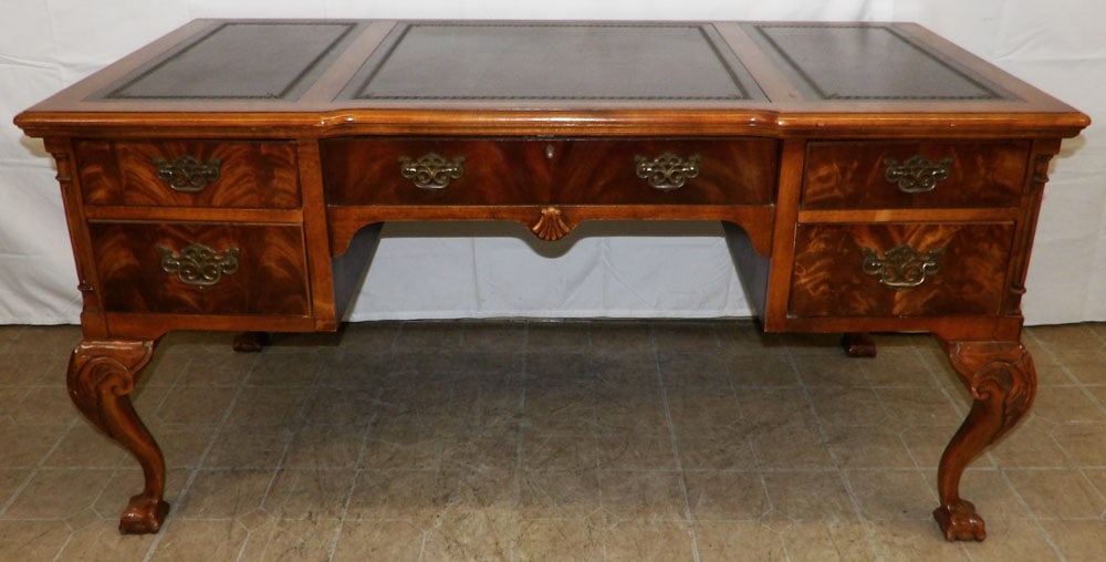 Burl Mahogany & Tooled Leather Top Desk with Ball & Claw Feet (1 of 8)