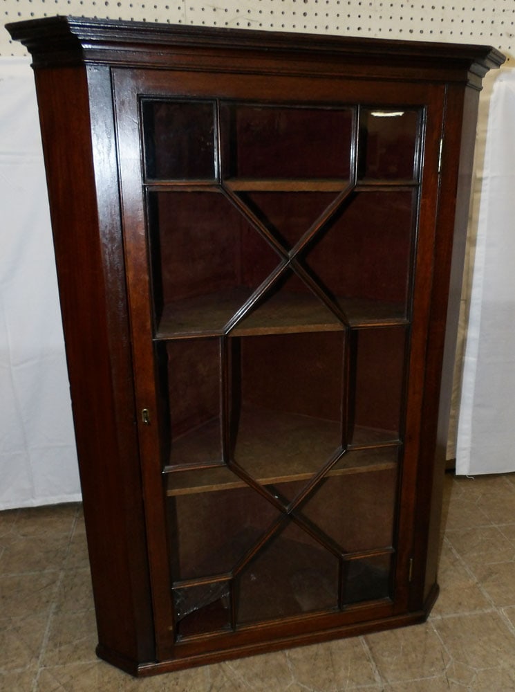 19th Century Hanging Mahogany Glass Door Corner Cabinet, One Glass Pane Missing (1 of 7)