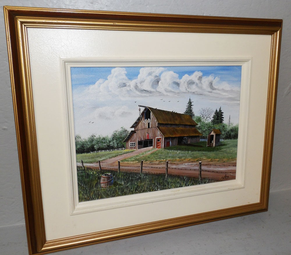 Framed Oil on Canvas Barn Scene Artist Signed (1 of 4)