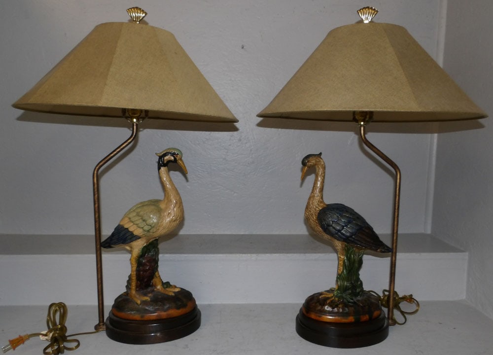 Pair of Polychrome Decorated Porcelain Figural Heron Lamps (1 of 4)