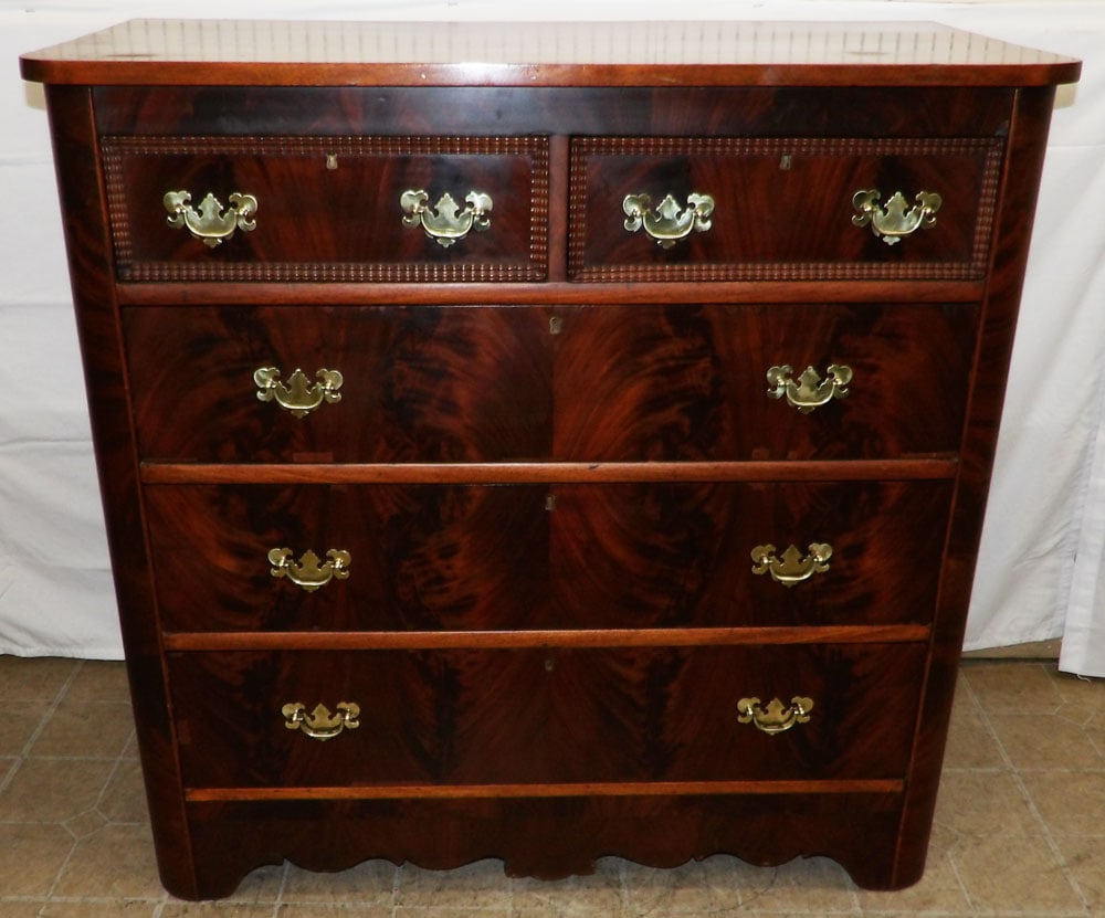 19th Century Crotch Mahogany Two Over Three Drawer Chest: 19th Century Crotch Mahogany Two Over Three Drawer Chest . 42" H 42 1/2" W 20 1/2" D ALL DESCRIPTIONS AND ANY CONDITION STATEMENT GIVEN BY LANGSTON AUCTION GALLERY ARE STRICTLY OPINIONS AND LANGSTON'S