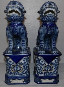 Pair of Oriental Blue & White Porcelain Foo Dog Bookends