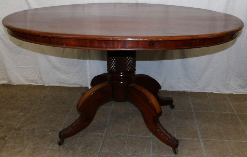 19th Century Mahogany & Satin Wood Inlaid Pedestal Center Table: 19th Century Mahogany & Satin Wood Inlaid Pedestal Center Table . 28 1/2" H 49 1/2" W 34 1/2" D ALL DESCRIPTIONS AND ANY CONDITION STATEMENT GIVEN BY LANGSTON AUCTION GALLERY ARE STRICTLY OPINIONS AND