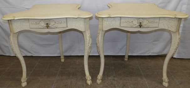Pair of Painted Carved Wood Three Leg End Tables with Hoof Form Feet