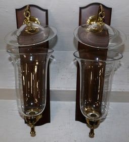 Pair of Mahogany & Brass Bell Jar Form Wall Sconces