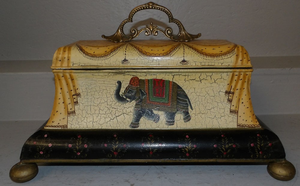Painted Tole & Brass Box with Elephant Motif: Painted Tole & Brass Box with Elephant Motif . 13" H 22" W 13" D ALL DESCRIPTIONS AND ANY CONDITION STATEMENT GIVEN BY LANGSTON AUCTION GALLERY ARE STRICTLY OPINIONS AND LANGSTON'S SHALL HAVE NO RESPO