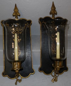 Pair of Painted Metal & Brass Wall Sconces with Glass Shades