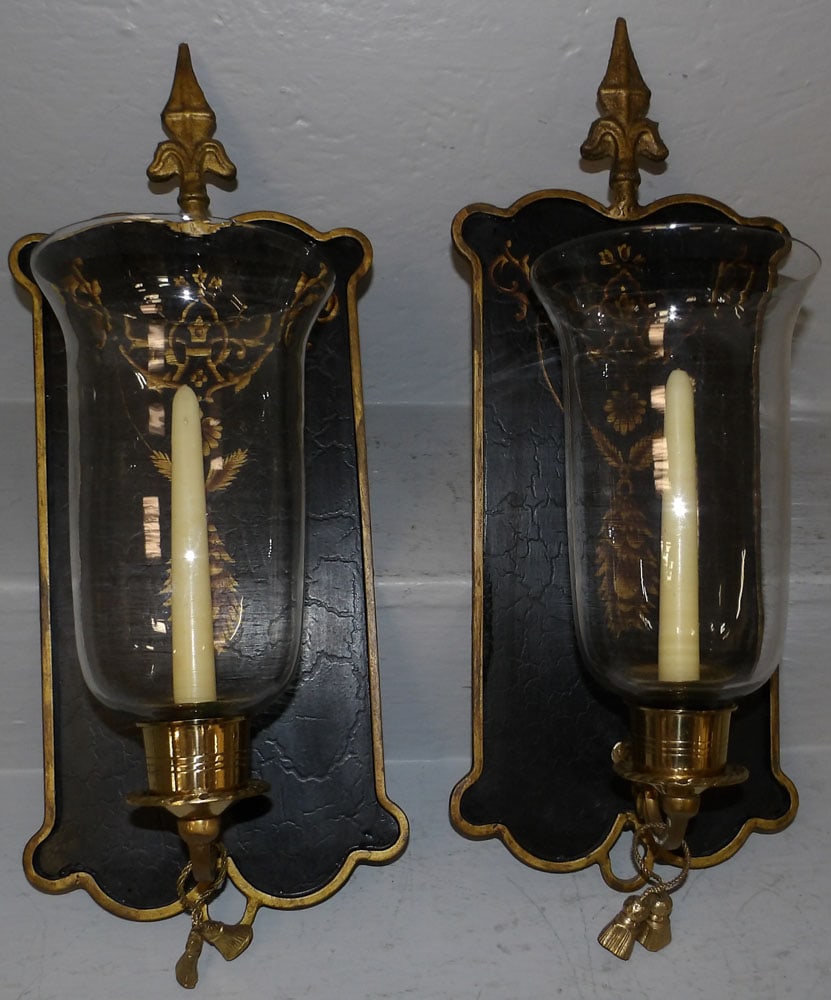 Pair of Painted Metal & Brass Wall Sconces with Glass Shades (1 of 3)