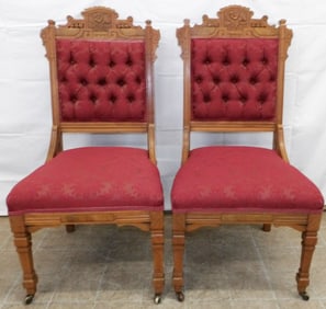 Pair of Carved Walnut Eastlake Victorian Side Chairs