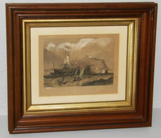 Antique Walnut Shadowbox Framed Colored Engraving Titled "Scarborough" by James Harding