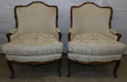 Pair of Carved Walnut & Upholstered Bergères