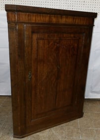 19th Century English Oak & Mahogany Inlaid Blind Door Hanging Corner Cabinet