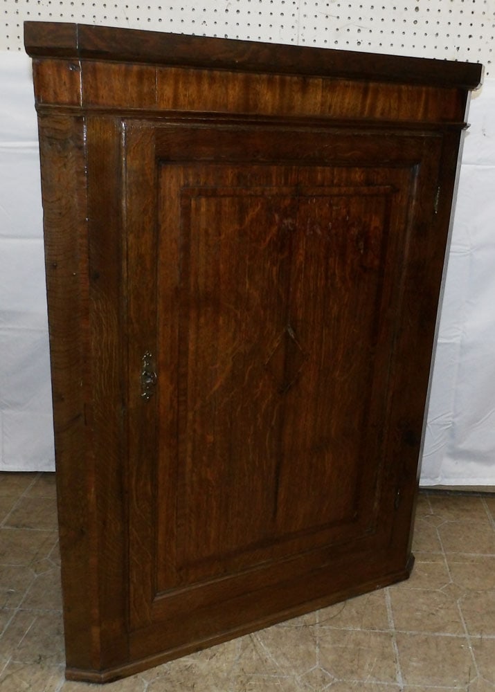 19th Century English Oak & Mahogany Inlaid Blind Door Hanging Corner Cabinet (1 of 6)