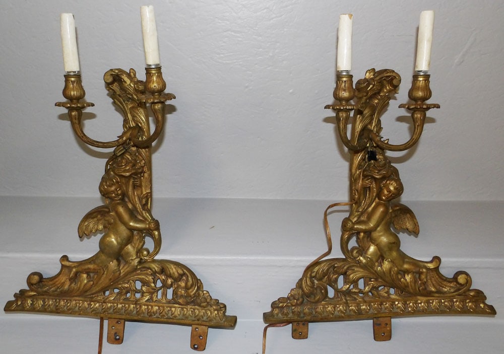 Pair of Ornate Bronze Two Light Sconces with Cherub Motif (1 of 6)