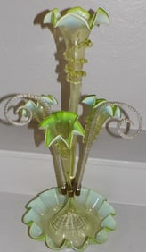 Antique Victorian Green Opalescent Vaseline Art Glass Epergne with Glass Candy Cane Accents