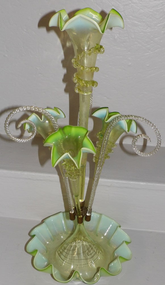 Antique Victorian Green Opalescent Vaseline Art Glass Epergne with Glass Candy Cane Accents (1 of 6)