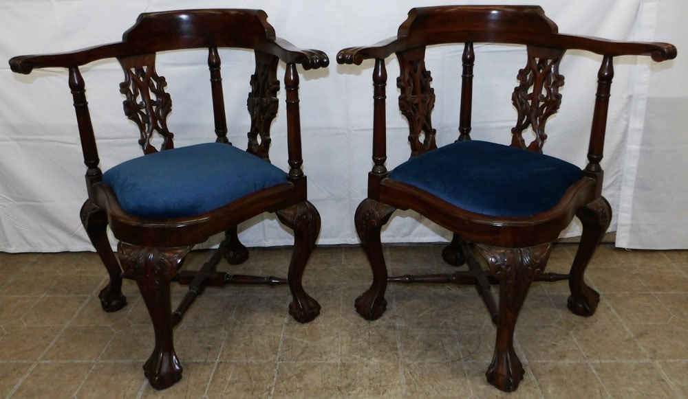 Pair of Carved Mahogany Corner Chairs with Ball & Claw Feet: Pair of Carved Mahogany Corner Chairs with Ball & Claw Feet . 32 1/2" H 30" W 24" D ALL DESCRIPTIONS AND ANY CONDITION STATEMENT GIVEN BY LANGSTON AUCTION GALLERY ARE STRICTLY OPINIONS AND LANGSTON'S