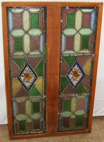Antique Multi-Color Stained & Leaded Glass Window with Bird Painted Center Motif in Wood Frame