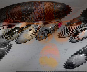 Lot of Hand Painted Stone Eggs in Wooden Bowl