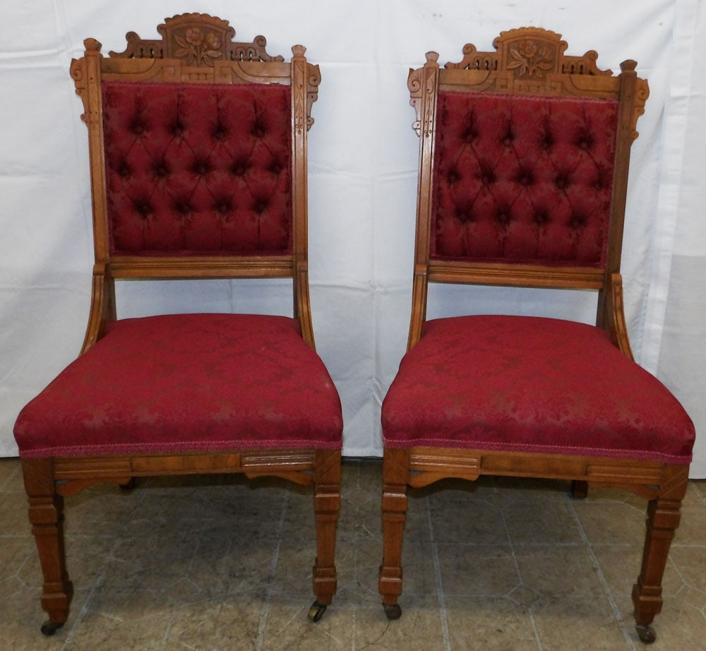 Pair of Carved Walnut Eastlake Victorian Side Chairs: Pair of Carved Walnut Eastlake Victorian Side Chairs . 38" H 18 1/2" W 20" D ALL DESCRIPTIONS AND ANY CONDITION STATEMENT GIVEN BY LANGSTON AUCTION GALLERY ARE STRICTLY OPINIONS AND LANGSTON'S SHALL H