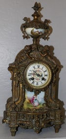 Antique Gilded Metal French Clock with Porcelain Plaque & Cherub Motif by Marti