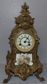 Antique Painted Metal French Clock with Porcelain Plaque & Waterbury Works