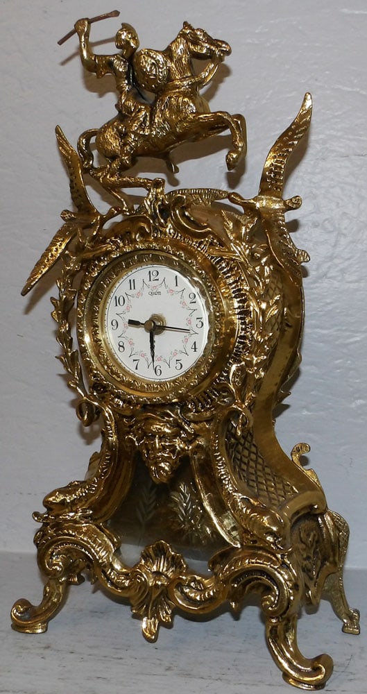 Ornate Cast Brass Battery Operated Clock with Figural Horse & Soldier Top (1 of 4)