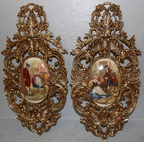 Pair of Painted Porcelain Plaques in Ornate Cast Brass Frames Marked Cries of London
