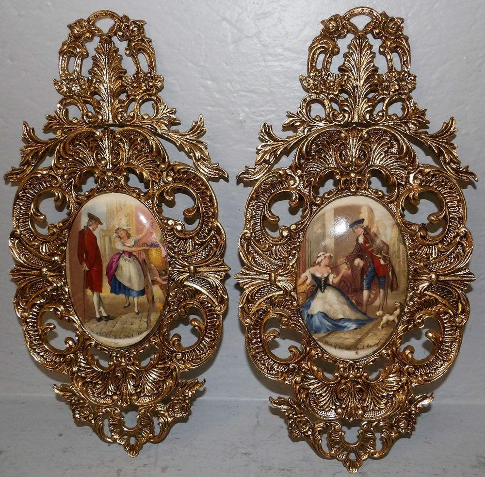 Pair of Painted Porcelain Plaques in Ornate Cast Brass Frames Marked Cries of London (1 of 6)