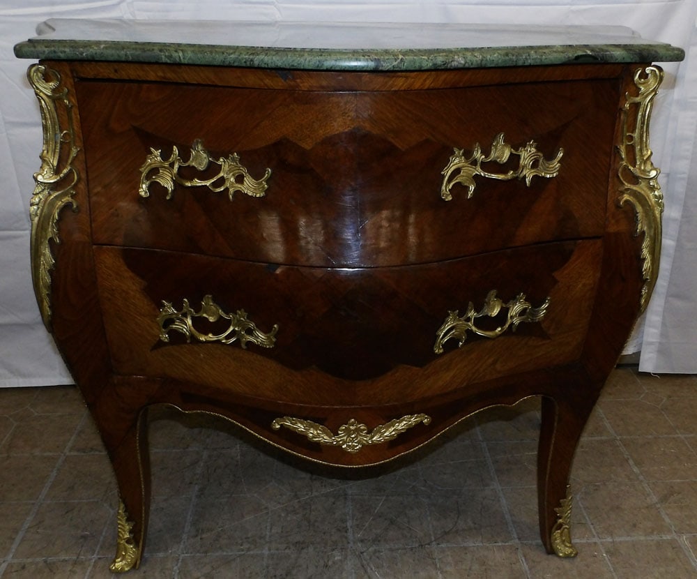 Burled & Walnut French Two Drawer Commode with Brass Ormolu (1 of 7)