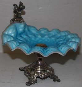 Antique Satin Glass & Silver Plated Victorian Figural Compote