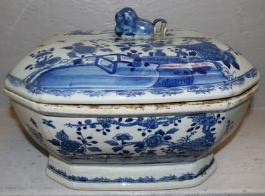Antique Blue & White Oriental Covered Tureen with Foo Dog Handle, Restored