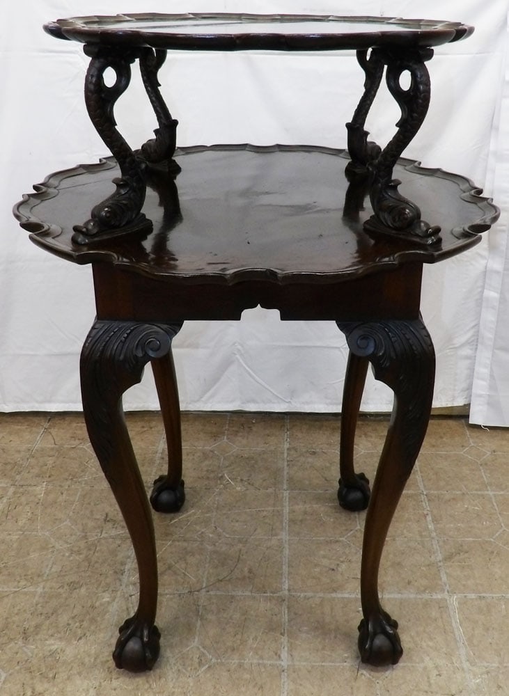 Antique Carved Mahogany Two Tier Dumbwaiter with Dolphin Supports & Ball & Claw Feet (1 of 7)