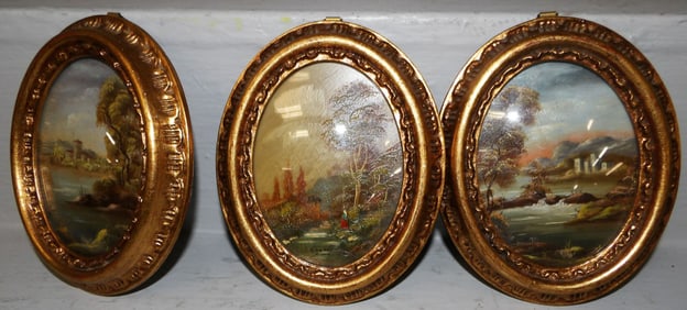 Three Small Oval Gilded Frame Italian Oil on Boards Artist Signed